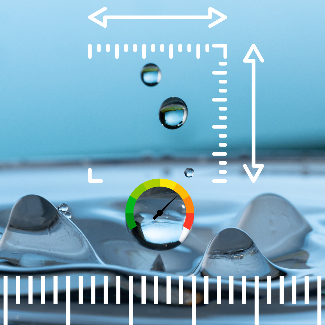 a droplet of water making an impact on a water surface, water splashes are being measured by rulers and a rotation meter, which symbolizes measuring the impact one can make with their actions