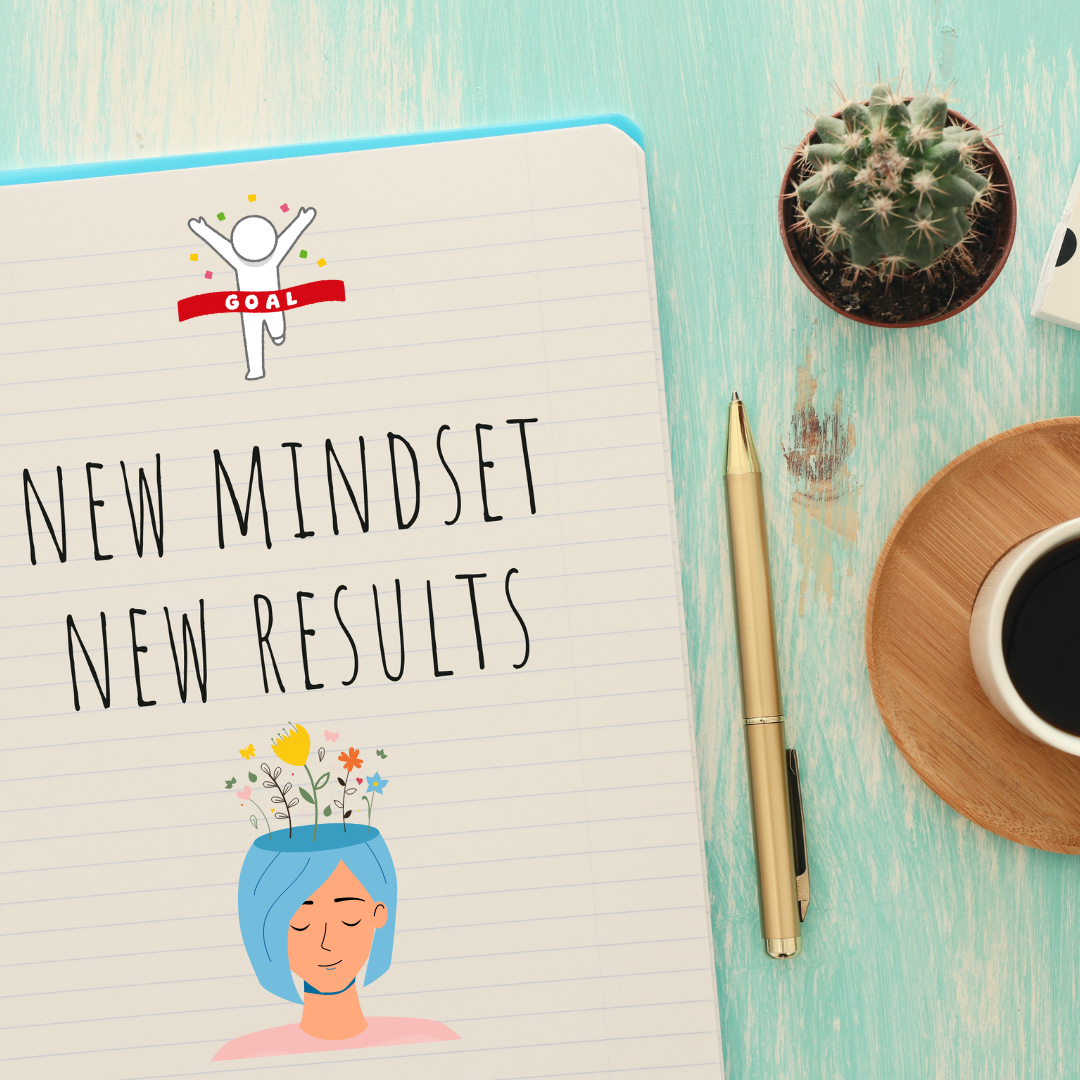a notebook, coffee, golden pen and cactus on a blue table; writing in the notebook says: "new mindset, new results"