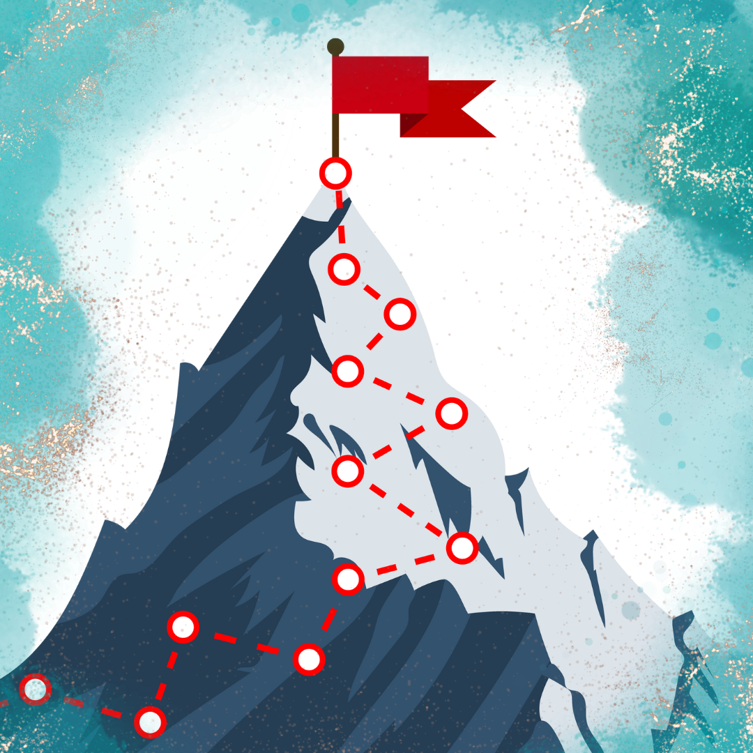 a mountain peak with a marked trail with a milestones, a flag is proudly set on top of the mountain, which symbolizes the achieved big goal by going a step by step as per plan