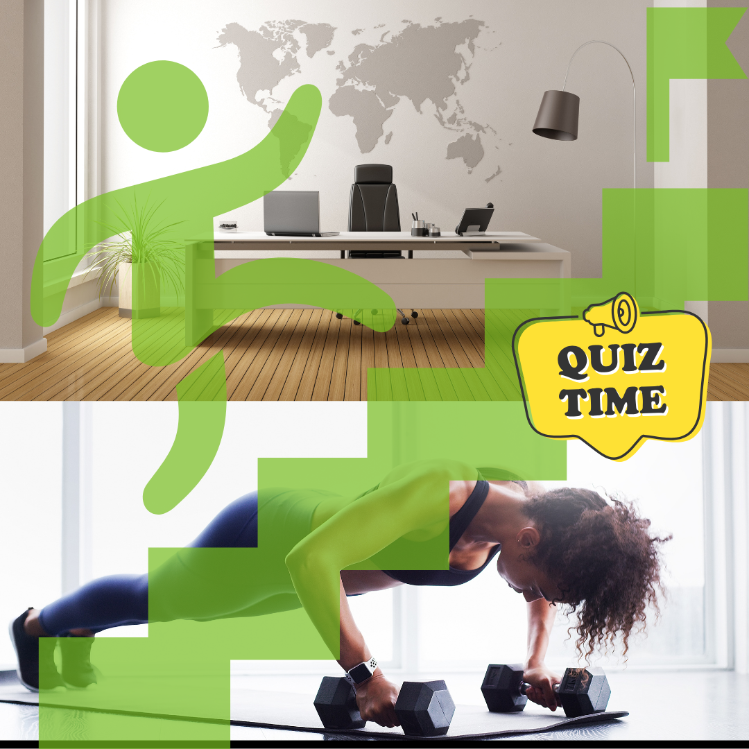 organized modern office and woman doing a power plank with dumbells