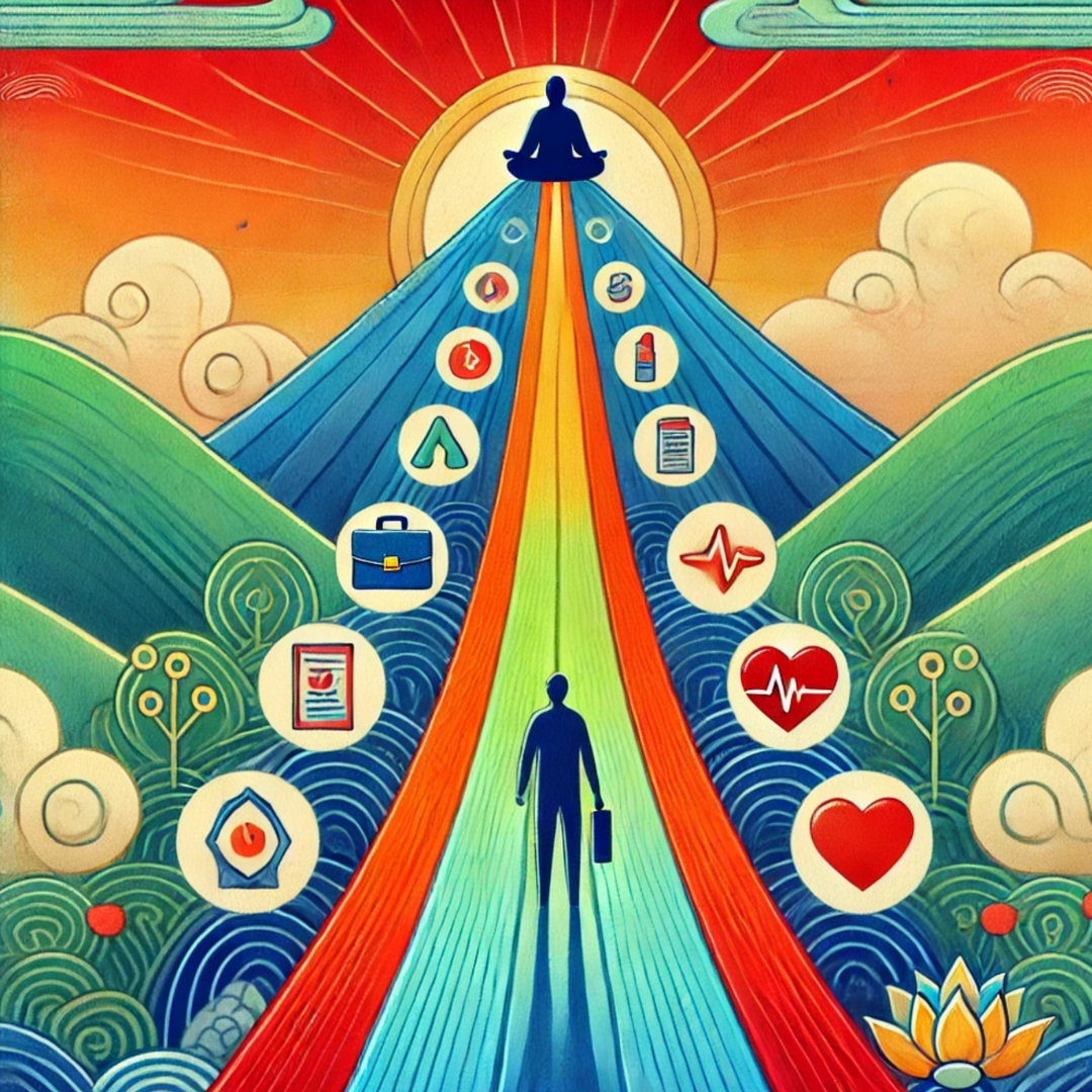  a person standing at the start of a pathway that leads to various icons representing goals such as a diploma, a briefcase, a heart, and a health symbol. This path  rises, indicating an uphill journey, which visually represents the challenge and the journey of mastering self-discipline